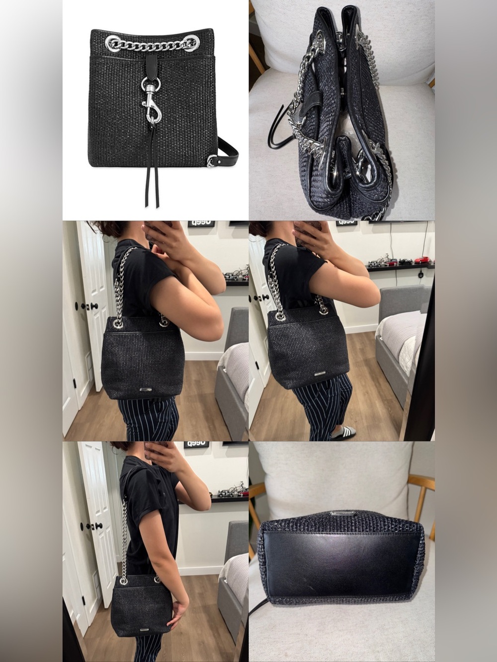 NWT Rebecca Minkoff Edie Large Black Woven Straw Bucket Shoulder Bag Purse New - Picture 16 of 17